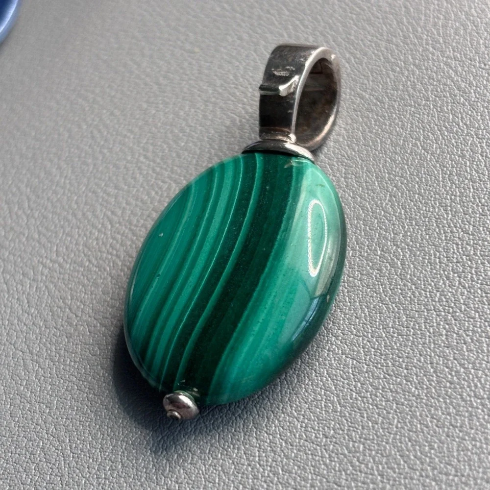 Vintage Malachite Sterling Oval Pendant Green 925 Silver 1.75